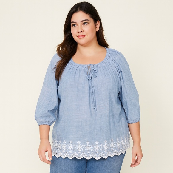 NYDJ blue denim-line long sleeve top - Picture 2 of 6